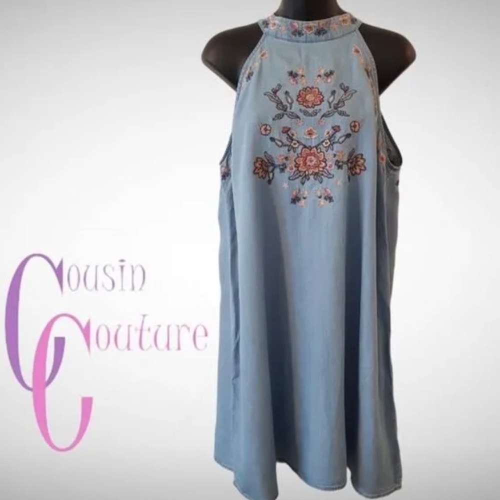NWT Cousin Couture Embroidered Halter Denim Dress Size Large